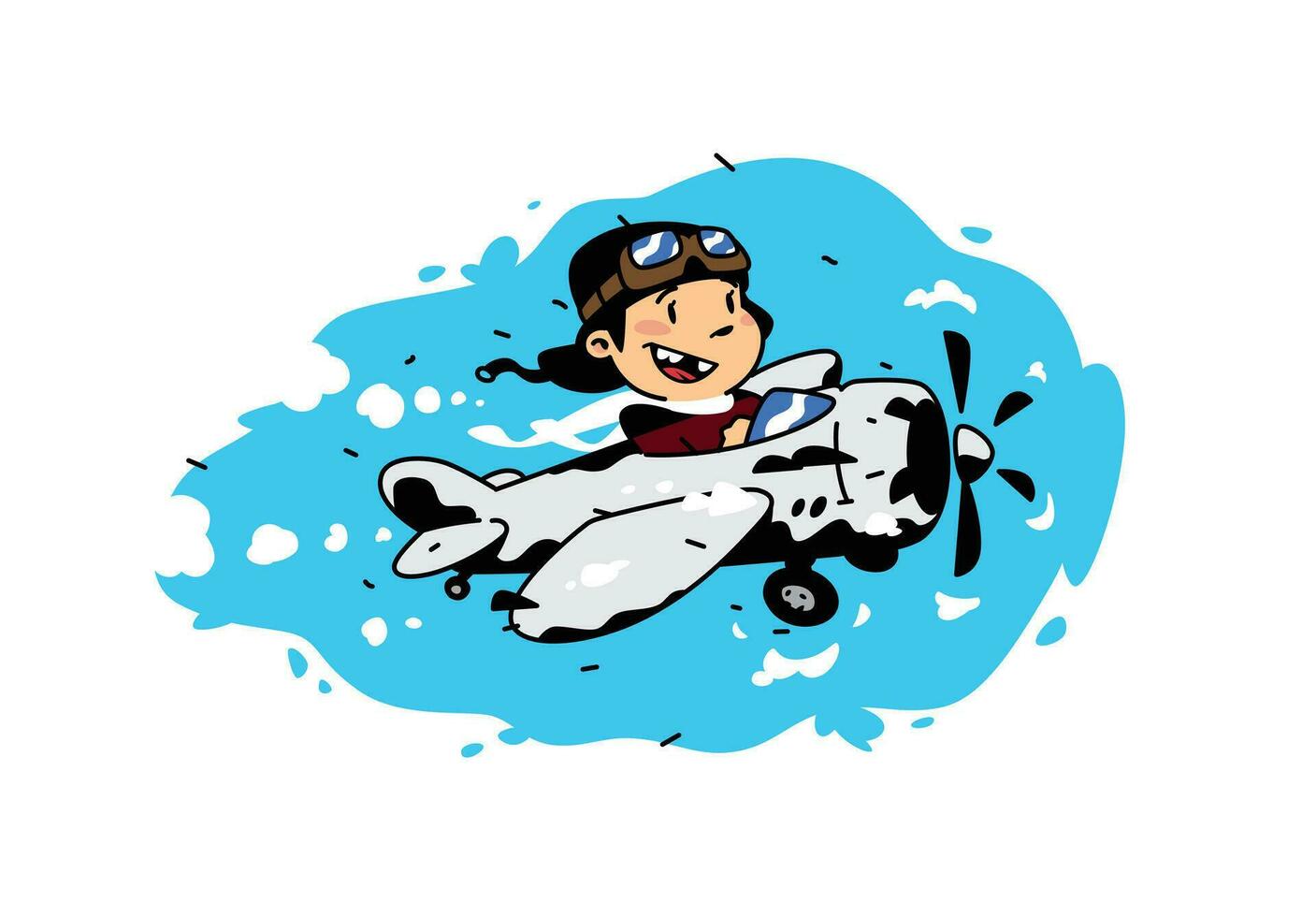 Illustration of a cartoon boy flying in a plane among the clouds. Vector illustration. Image is isolated on white background. Illustration for print and websites. The pilot is the hero of our time.