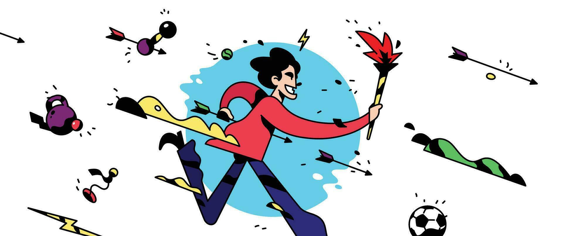 A cartoon character is running with a torch. Vector illustration. The office employee is running. Sport games. Illustration for a website, banner or print.  Mascot.