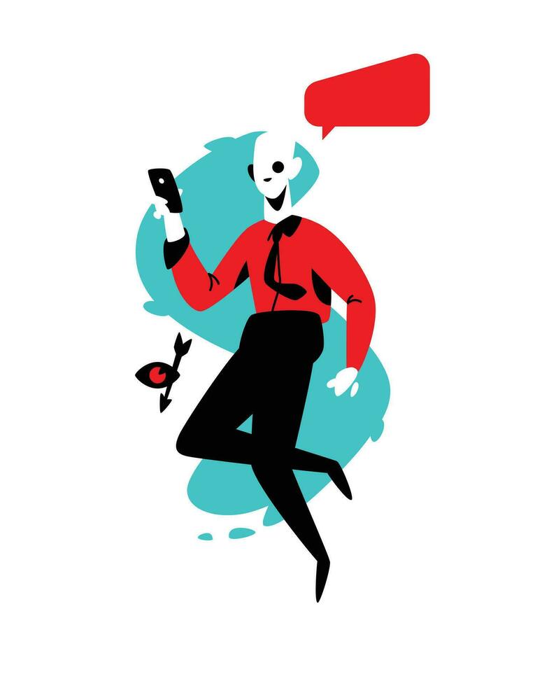 Illustration of a man with a phone in a red shirt. Vector flat illustration. Young man with a comic bubble. Character for the site and print. Social networks. The target audience.