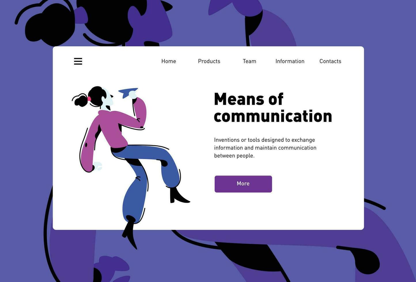 Style for the site about communications. Vector layout. Design of the layout. A flat illustration is isolated on a dark background. Landing page template. Illustration for website and print.