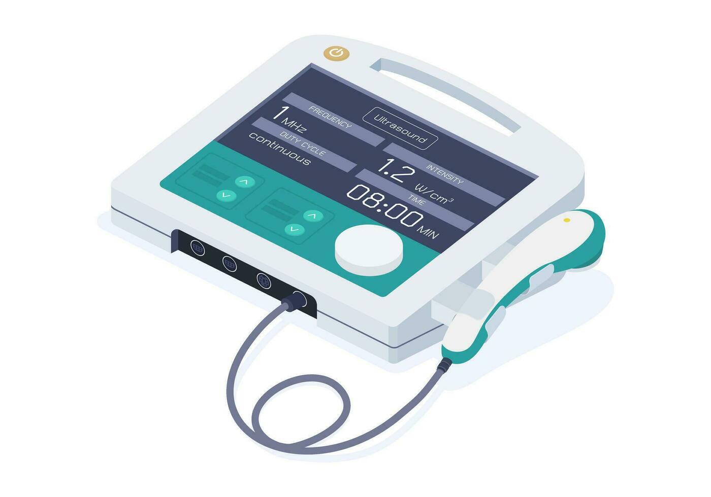 A Ultrasound therapy machine using in physical therapy for relief pain, activate healing, decrease spasm in tissue. Isolated object. Isometric vector. vector