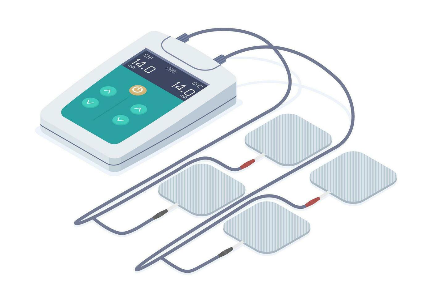 TENS Transcutaneous Electrical Nerve Stimulation using in physical therapy for relief acute or chronic pain, activate healing, decrease spasm in tissue. Isolated object. Isometric vector. vector