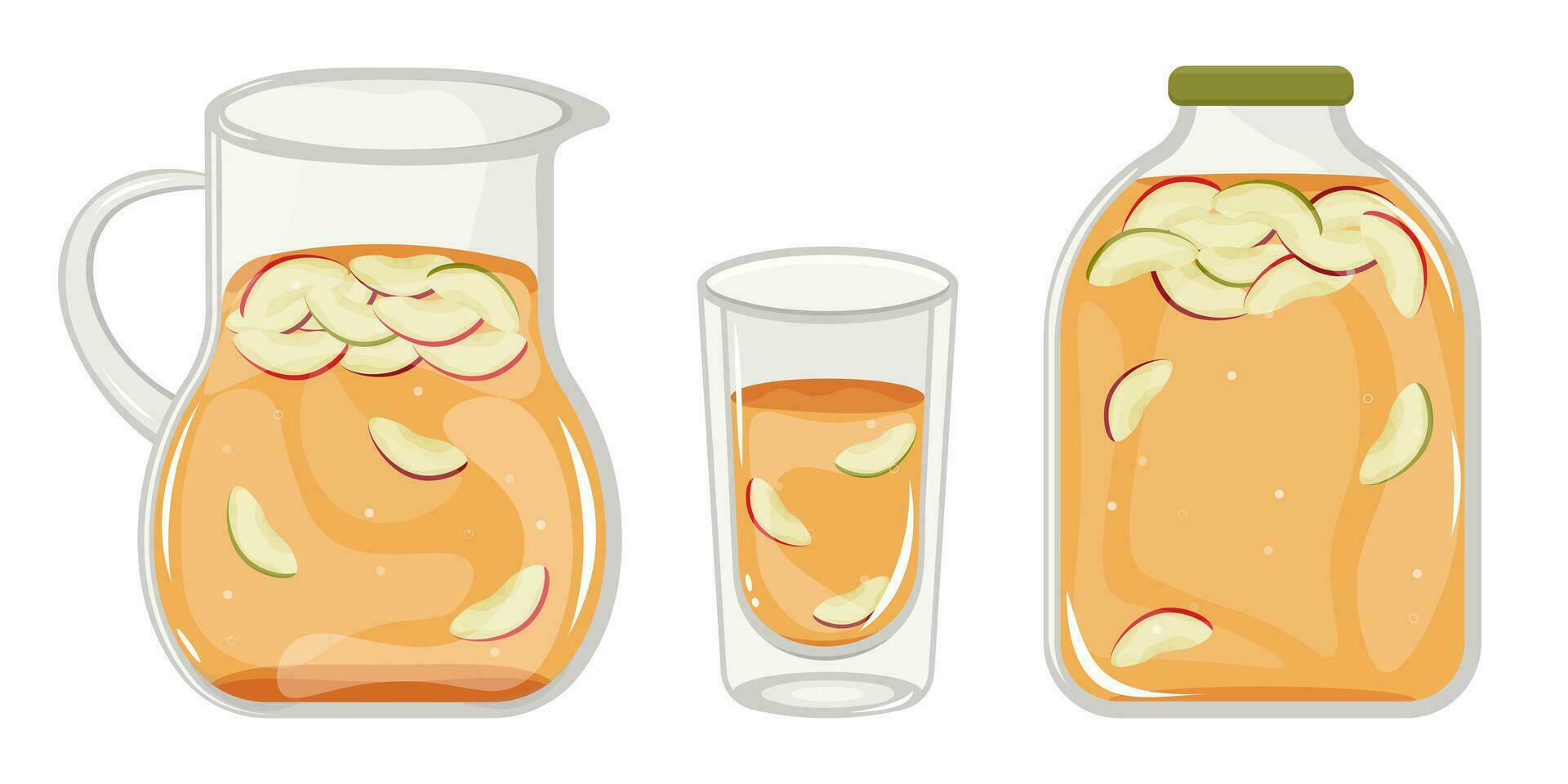 Homemade, canned, sweet, refreshing apple compote in a glass decanter, glass, jar. vector
