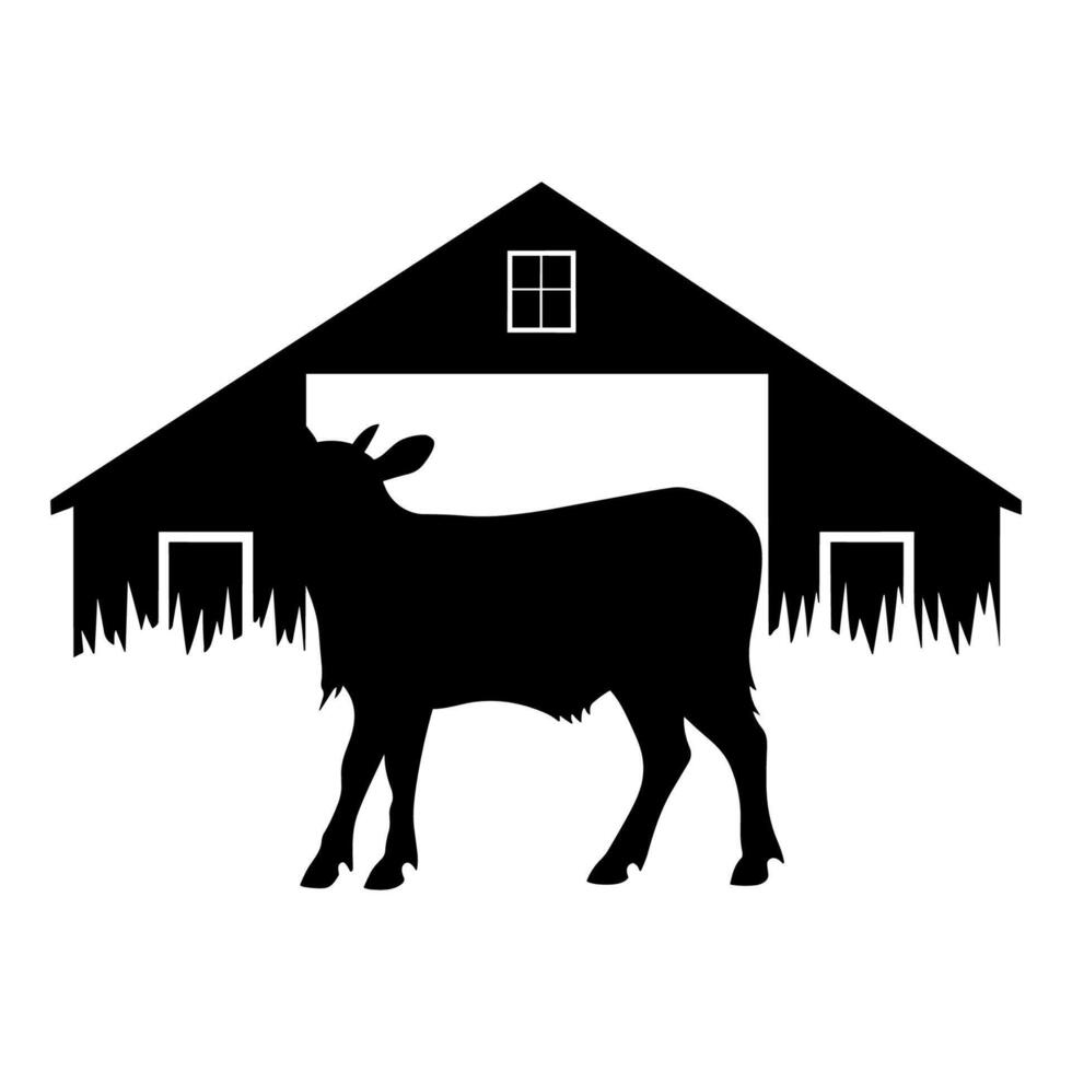 granja animales en silueta, tierras de cultivo silueta paisaje vector ilustración.