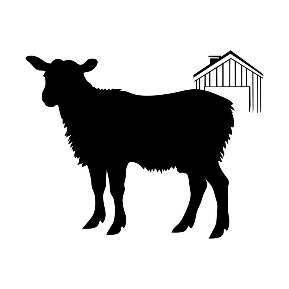 granja animales en silueta, tierras de cultivo silueta paisaje vector ilustración.