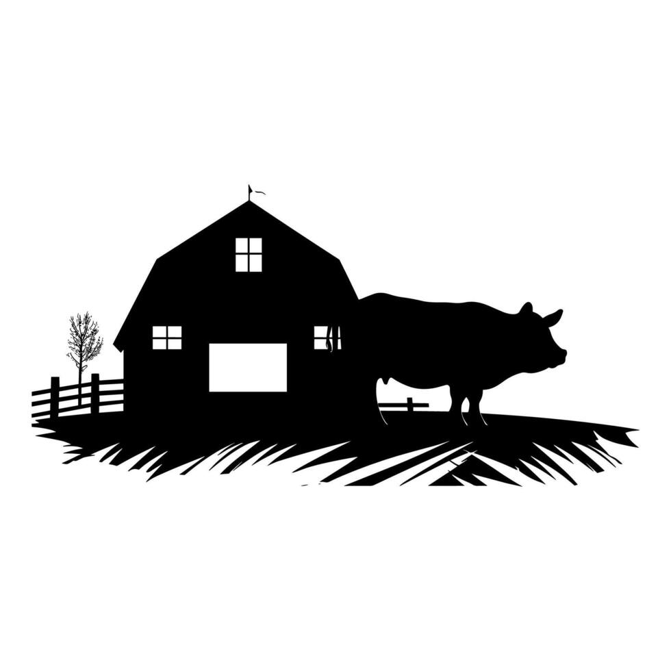 granja animales en silueta, tierras de cultivo silueta paisaje vector ilustración.