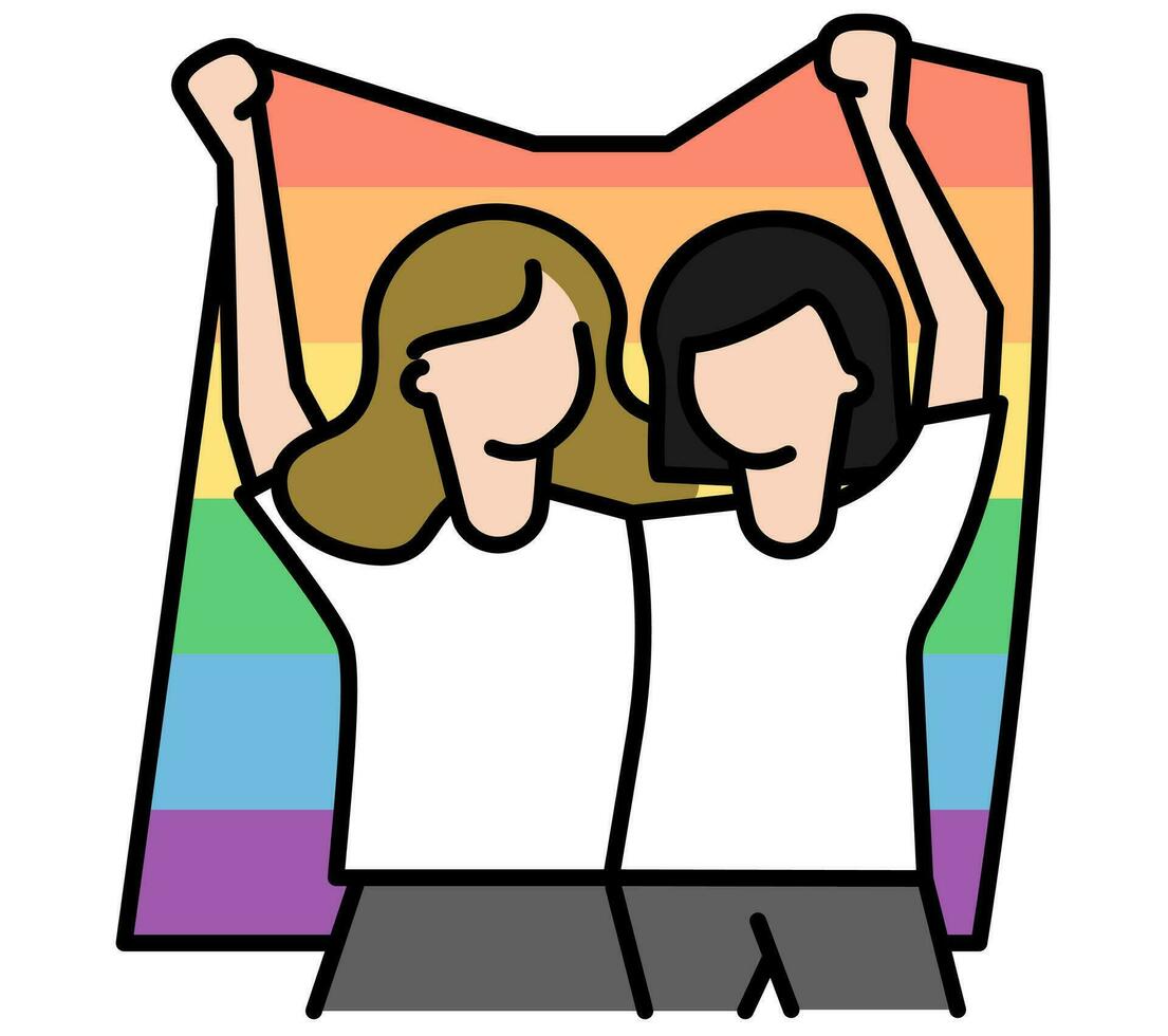 Two women holding rainbow flag. vector