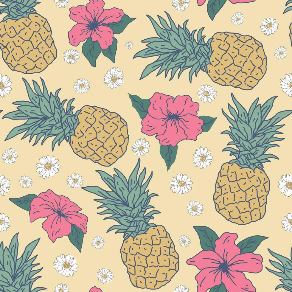 Hand drawn pineapple and floral motif tropical seamless pattern vector