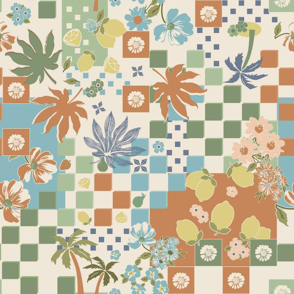 Tropical motif flower and leaves on checkerboard background seamless pattern vector