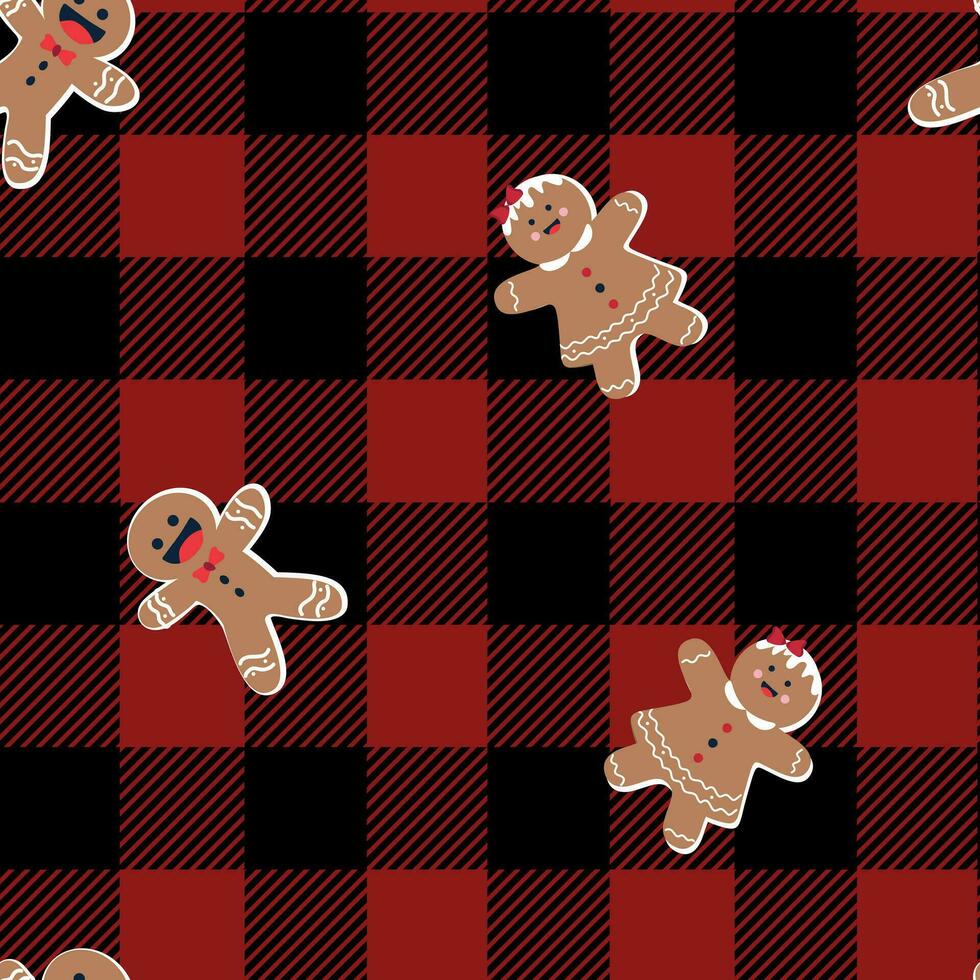 Christmas theme seamless pattern with gingerbread man on lumberjack buffalo plaid background vector