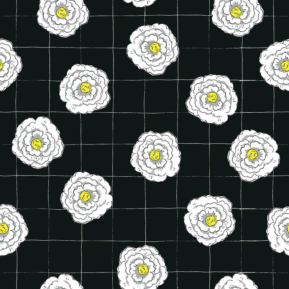 Retro groovy hand drawn flower on grunge checkered background vector