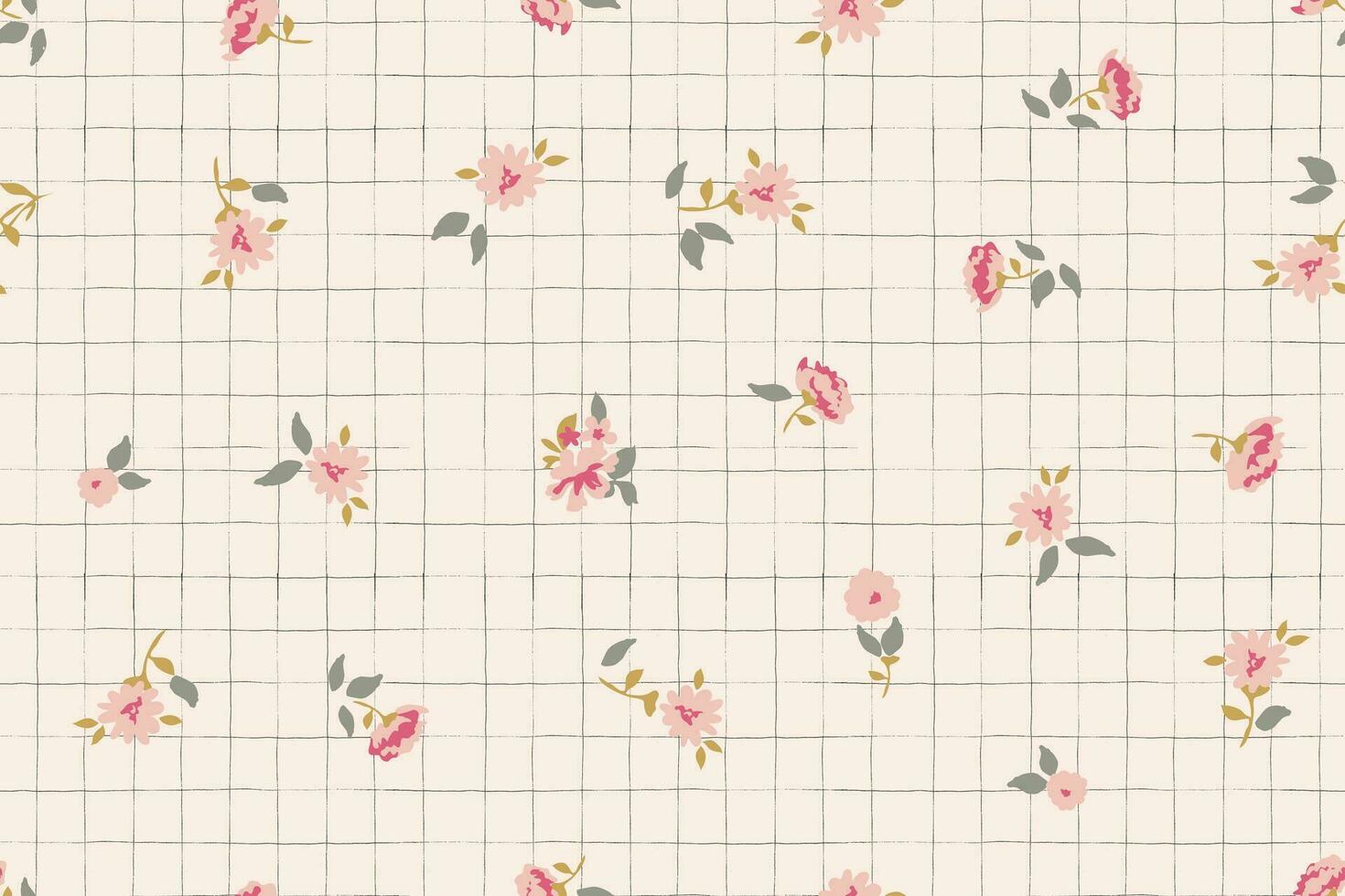 Ditsy flower pattern on grunge checkered background vector