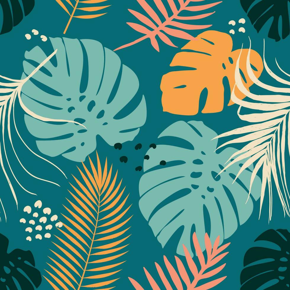 Hand drawn palm and monstera leaves minimal seamless pattern background vector