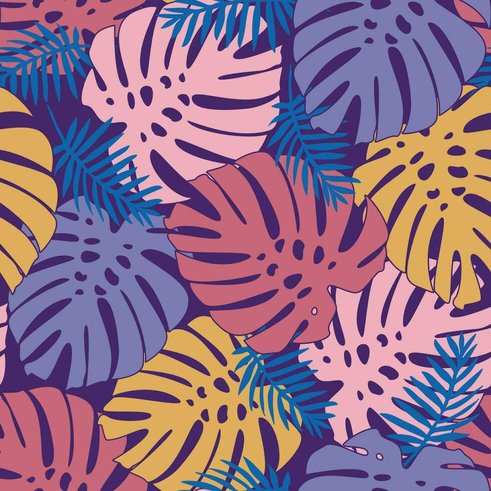 Colorful bold retro monstera leaf seamless pattern vector