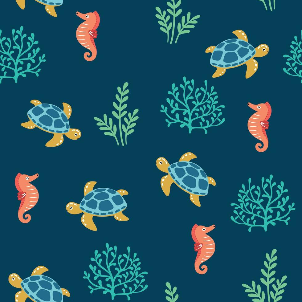 Underwater animal seamless pattern with hand drawn turtle and seahorse vector