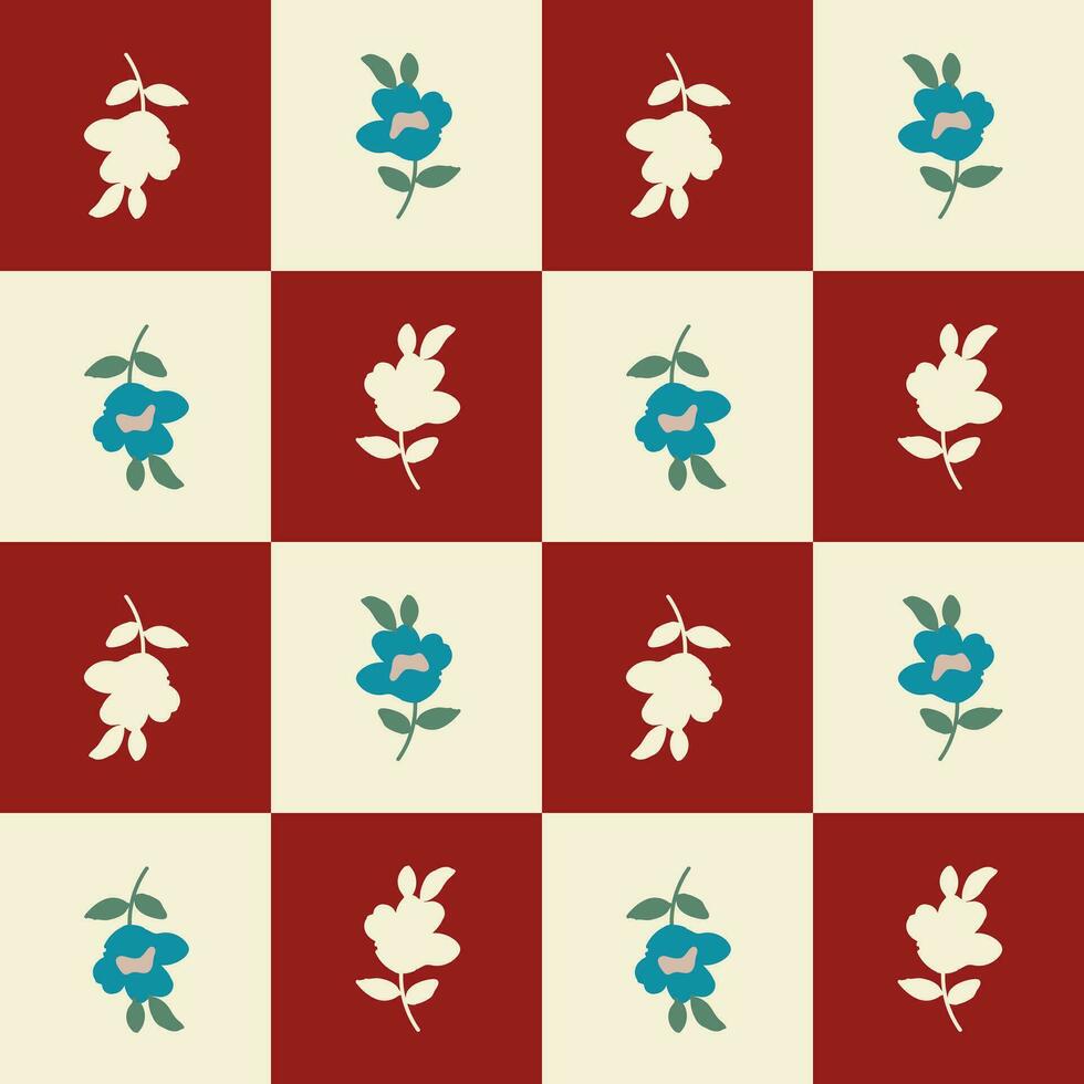 Hand drawn minimal small flower on checkerboard background seamless pattern vector