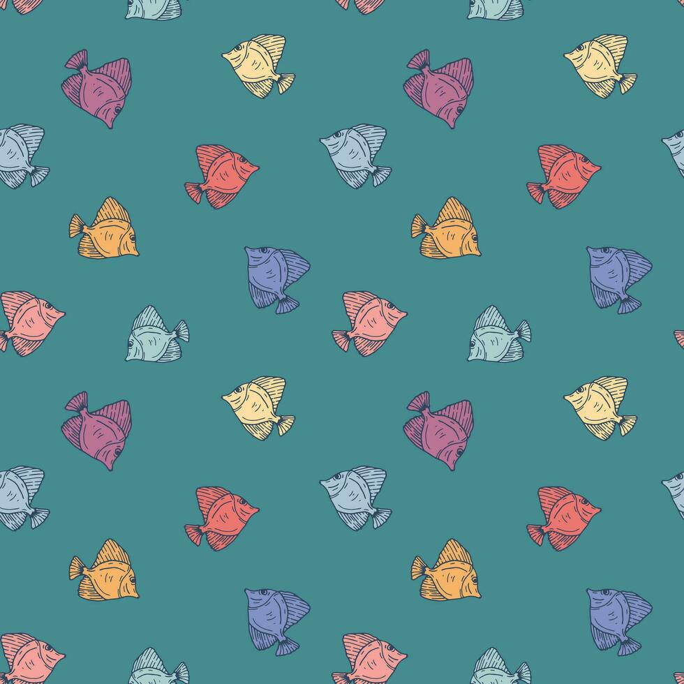 Cute hand drawn colorful fish seamless pattern in retro style vector