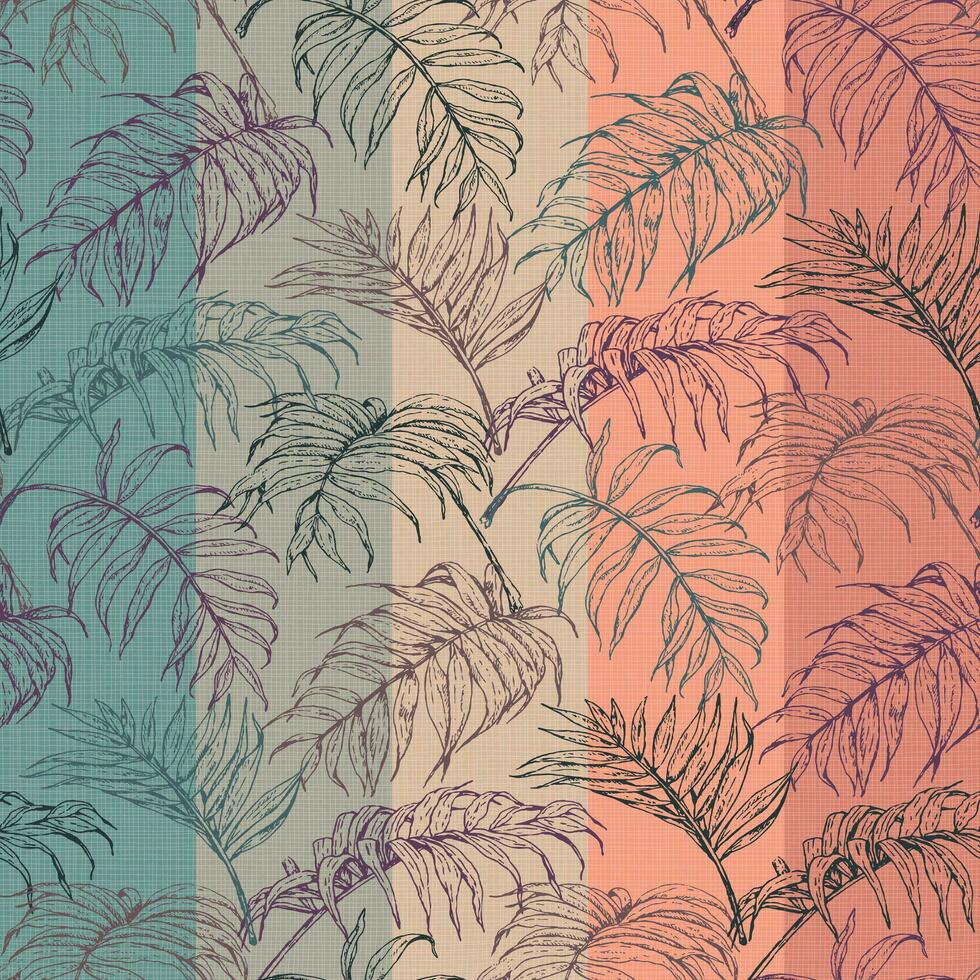 Hand drawn tropical leaves pattern with texture stripe background vector