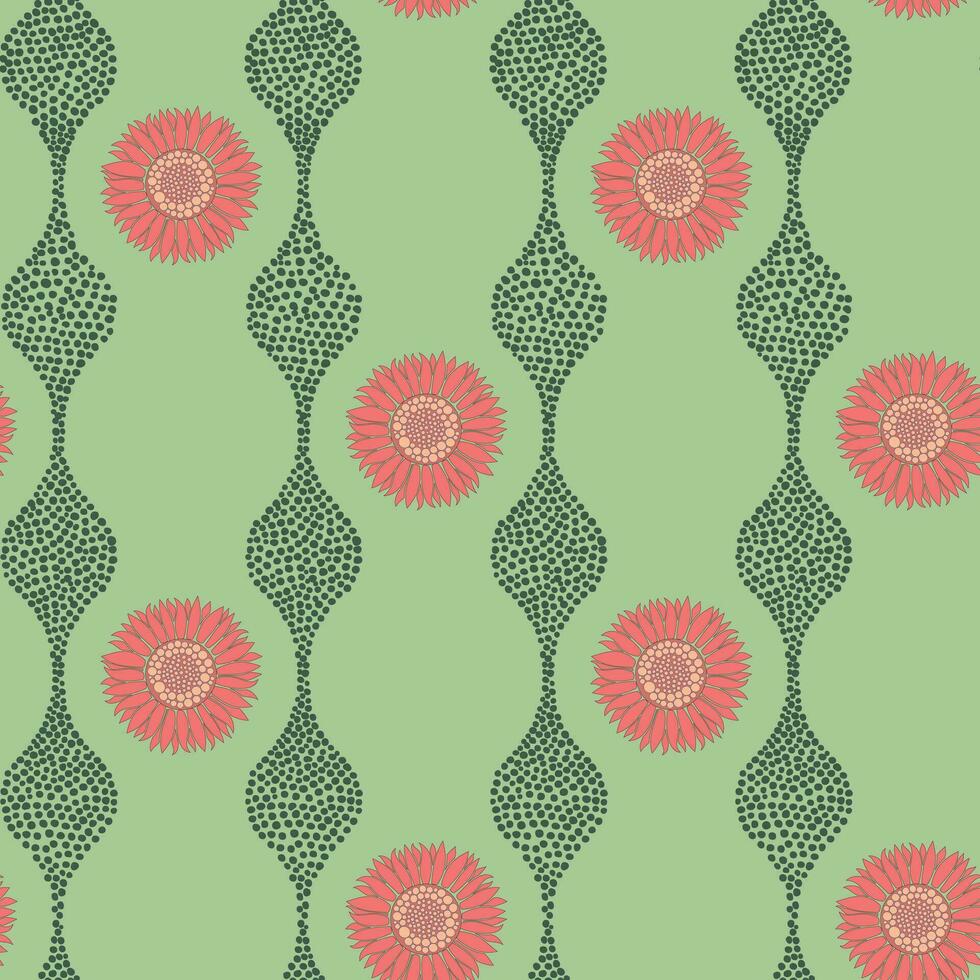 Retro Flower head motif seamless pattern with dotted wave texture vector