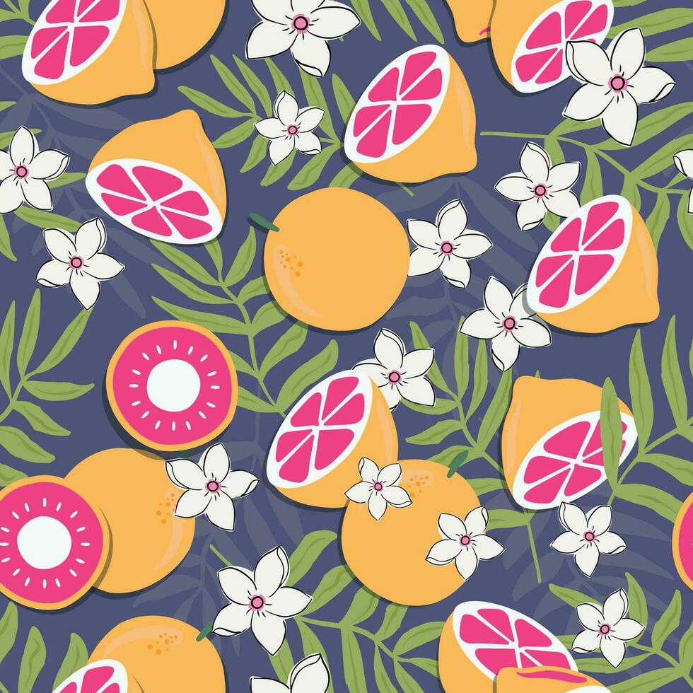Exotic tropical grapefruit with leaves and flower vibrant seamless pattern background vector
