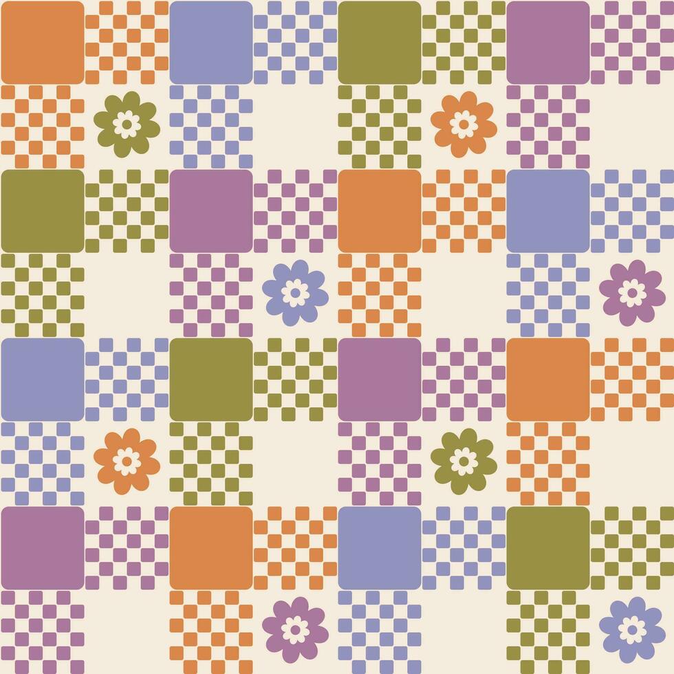 Colorful retro groovy checkerboard plaid with floral seamless pattern vector