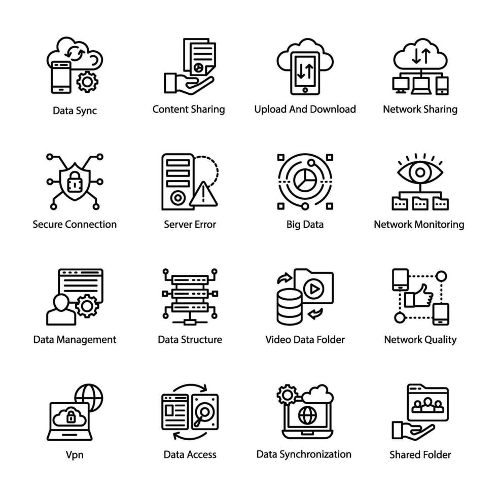 Computer and Cloud Hosting Line Vector Icons