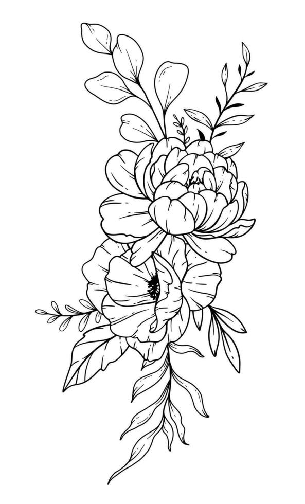 Wildflowers Line Drawing. Black and white Floral Bouquets. Flower Coloring Page. Floral Line Art. Fine Line Wildflowers illustration. Hand Drawn flowers. Botanical Coloring. Wedding invitation flowers vector