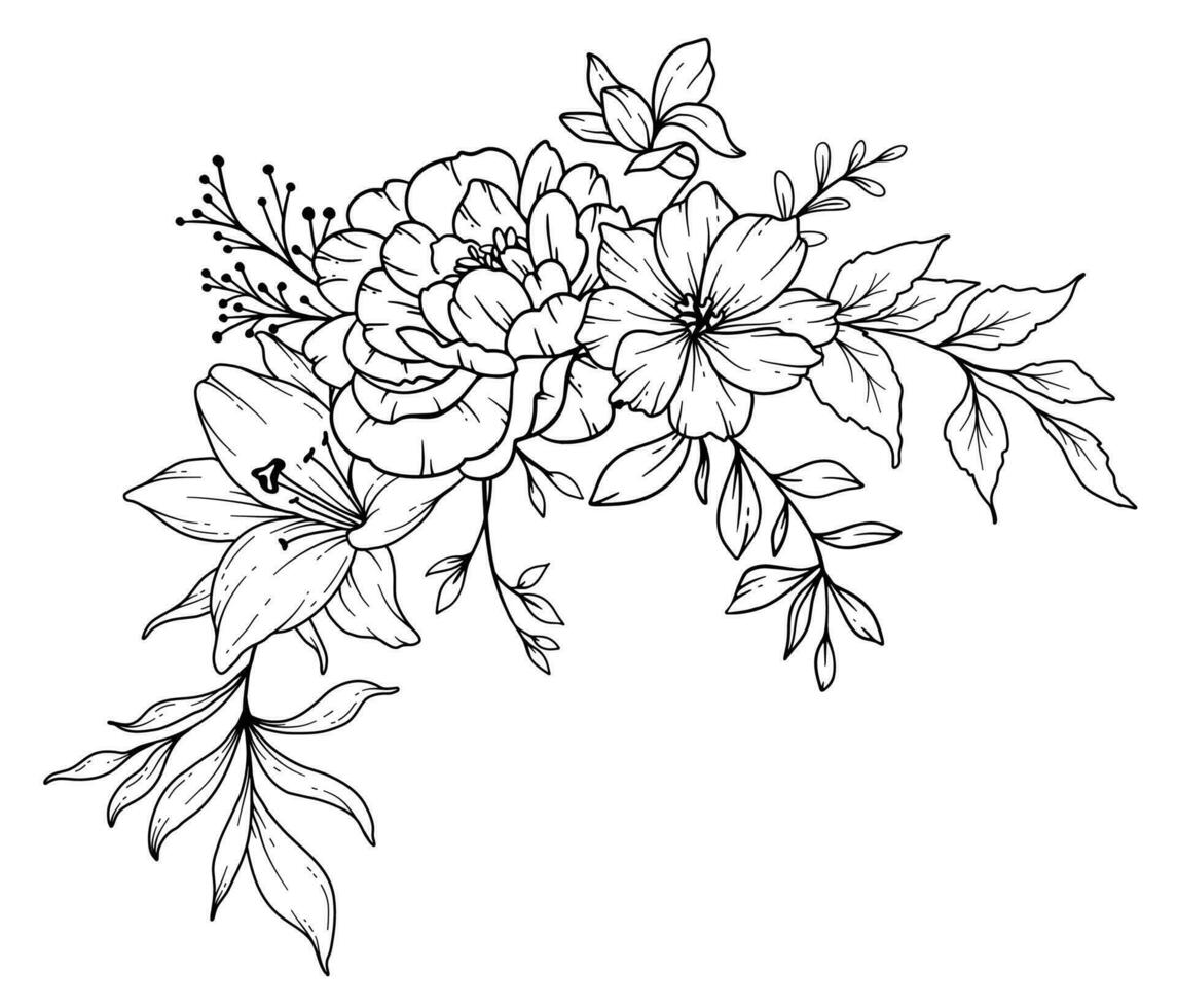 Wildflowers Line Drawing. Black and white Floral Bouquets. Flower Coloring Page. Floral Line Art. Fine Line Wildflowers illustration. Hand Drawn flowers. Botanical Coloring. Wedding invitation flowers vector