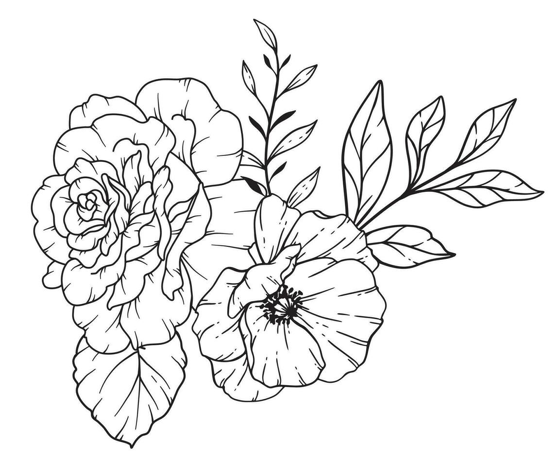 Wildflowers Line Drawing. Black and white Floral Bouquets. Flower Coloring Page. Floral Line Art. Fine Line Wildflowers illustration. Hand Drawn flowers. Botanical Coloring. Wedding invitation flowers vector