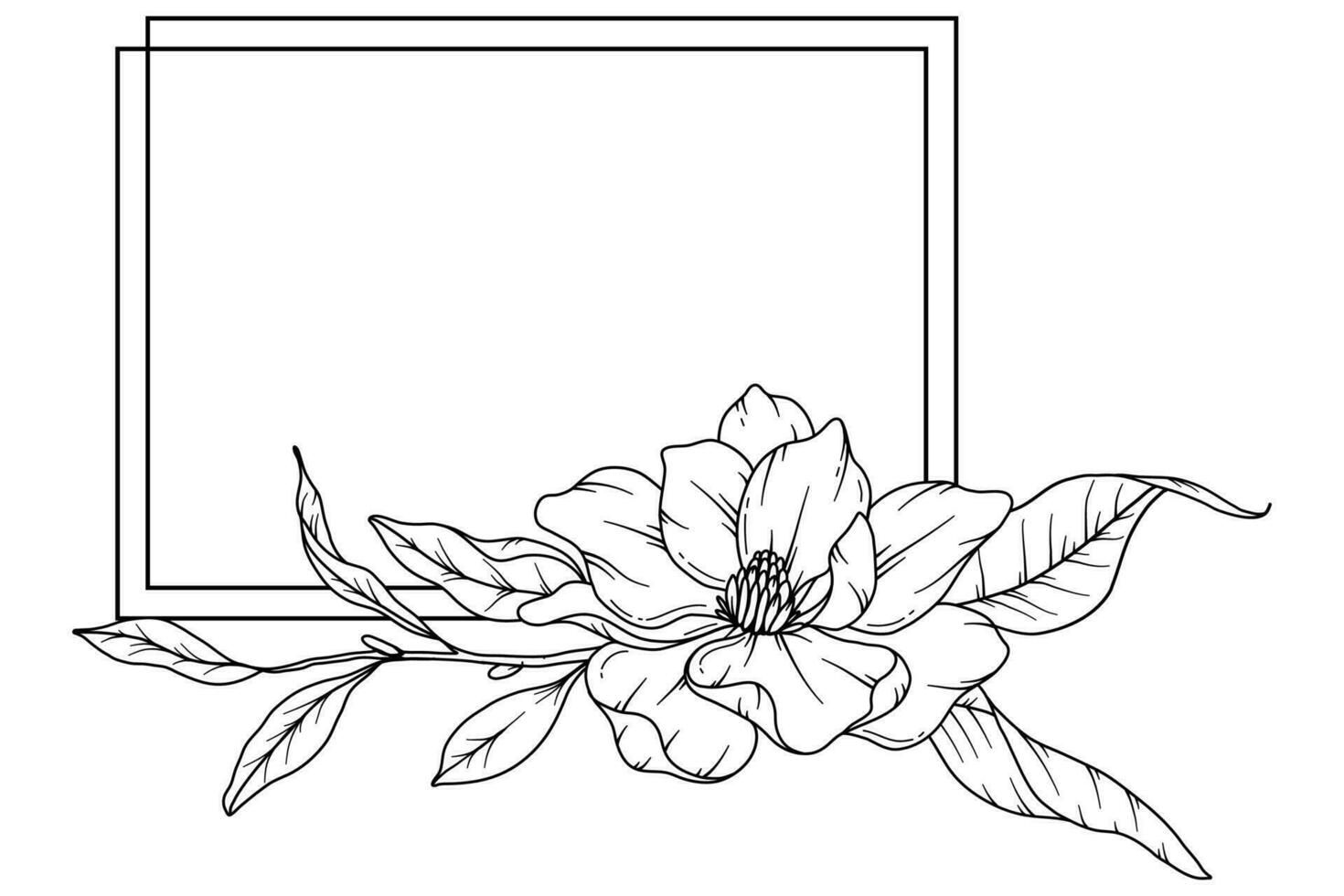 Magnolia Line Drawing. Black and white Floral Frames. Floral Line Art. Fine Line Magnolia illustration. Hand Drawn Outline flowers. Botanical Coloring Page. Wedding invitation flowers vector