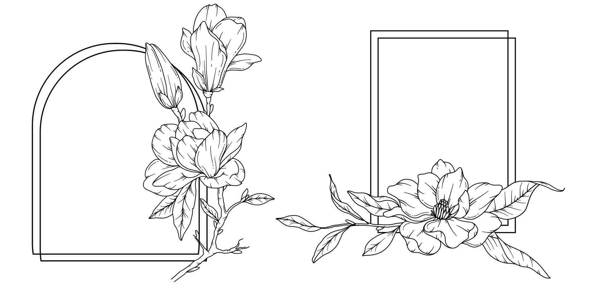 Magnolia Line Drawing. Black and white Floral Frames. Floral Line Art. Fine Line Magnolia illustration. Hand Drawn Outline flowers. Botanical Coloring Page. Wedding invitation flowers vector