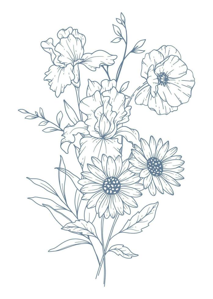 Wildflowers Line Drawing. Black and white Floral Bouquets. Flower Coloring Page. Floral Line Art. Fine Line Wildflowers illustration. Hand Drawn flowers. Botanical Coloring. Wedding invitation flowers vector