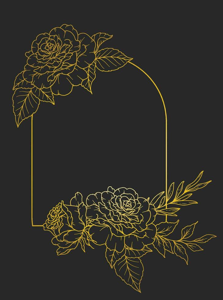 Rose Line Drawing. Black and white Floral Frames. Floral Line Art. Fine Line Rose flower illustration. Hand Drawn Outline flowers. Botanical Coloring Page. Wedding invitation flowers vector
