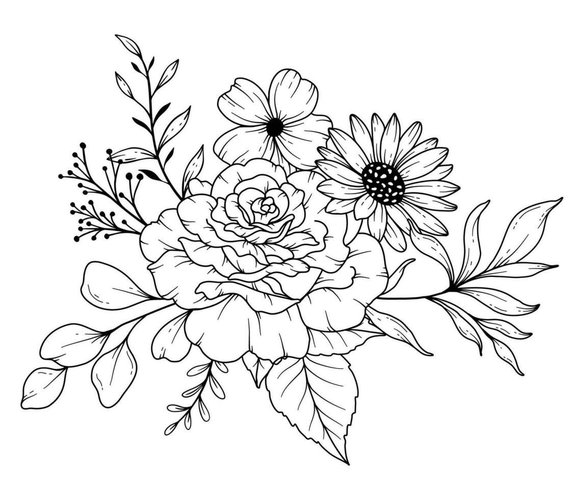 Wildflowers Line Drawing. Black and white Floral Bouquets. Flower Coloring Page. Floral Line Art. Fine Line Wildflowers illustration. Hand Drawn flowers. Botanical Coloring. Wedding invitation flowers vector