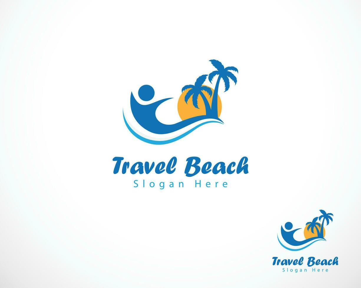 viaje playa logo creativo personas ola nadando playa diseño resumen vector