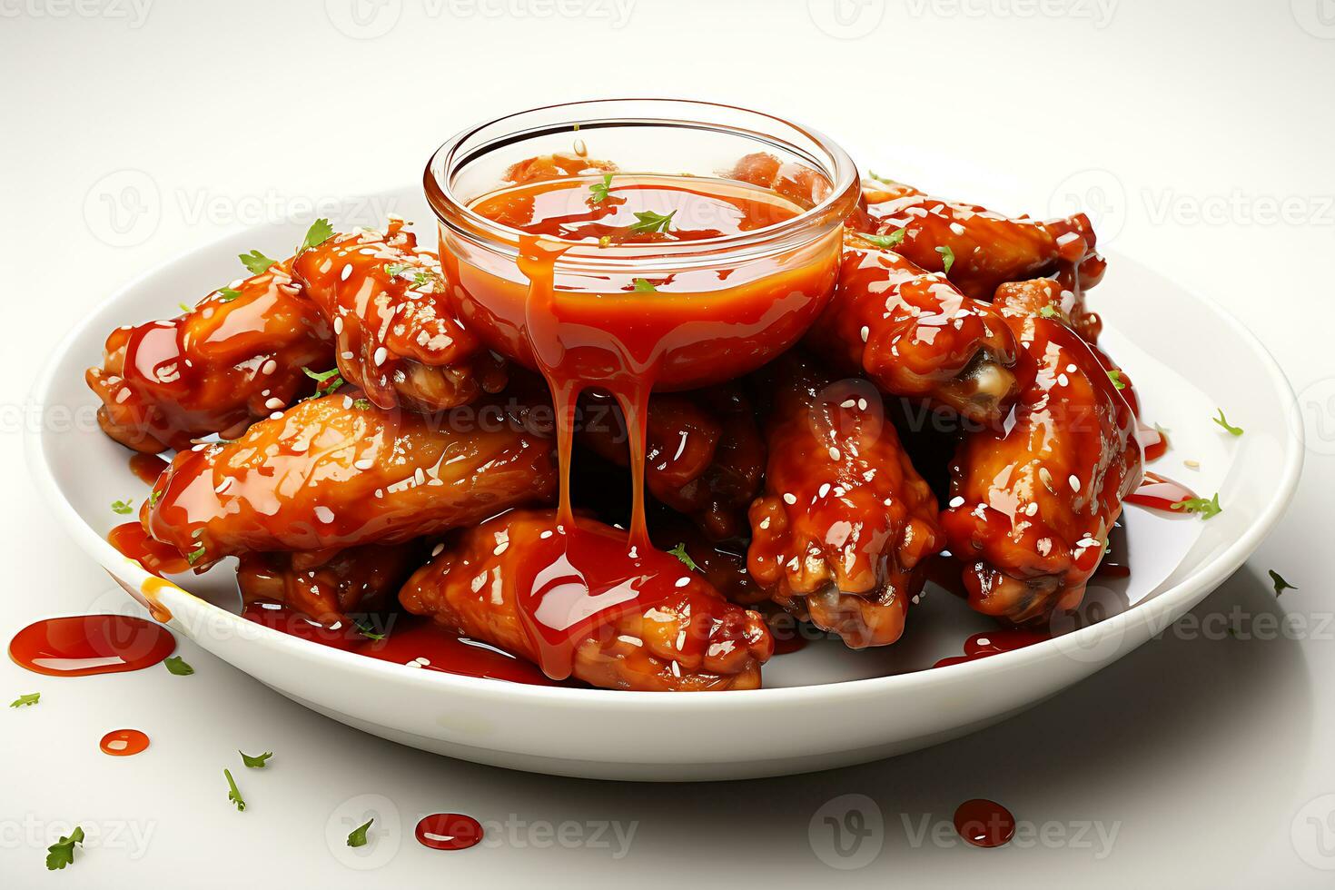 AI generated Chicken wings in red gourmet gravy on a plate and delicious to eat photo