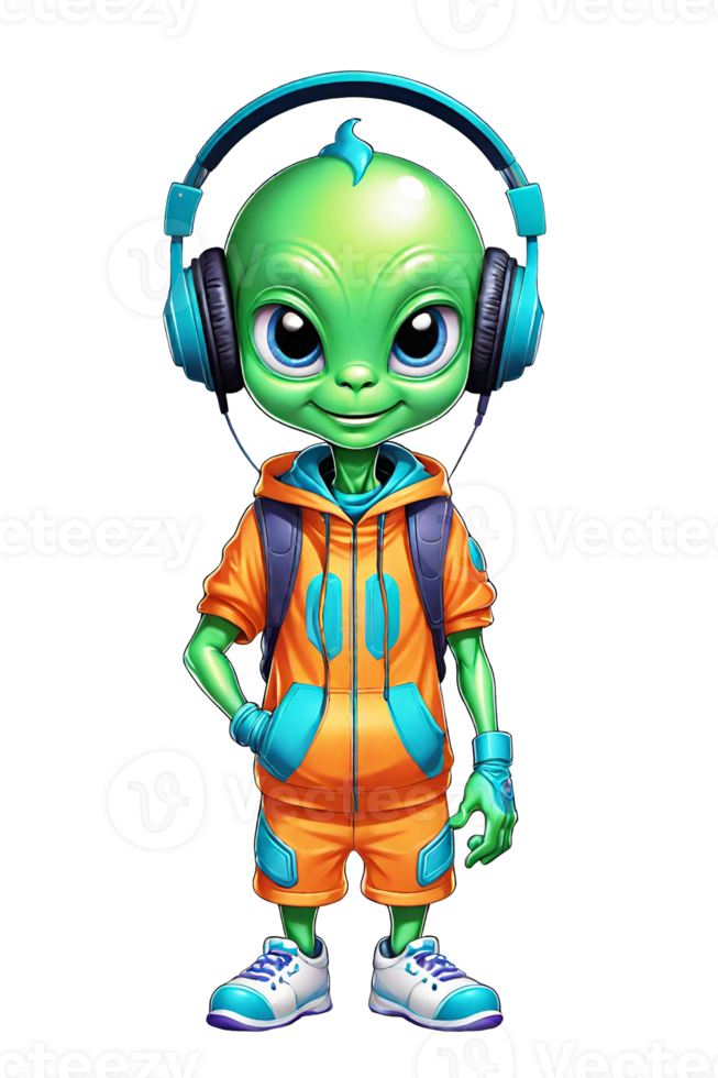 AI generated Cartoon green alien with headphones  isolated on transparent background illustration png