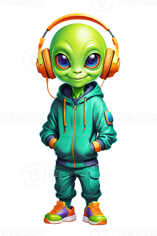 AI generated Cartoon green alien with headphones  isolated on transparent background illustration png