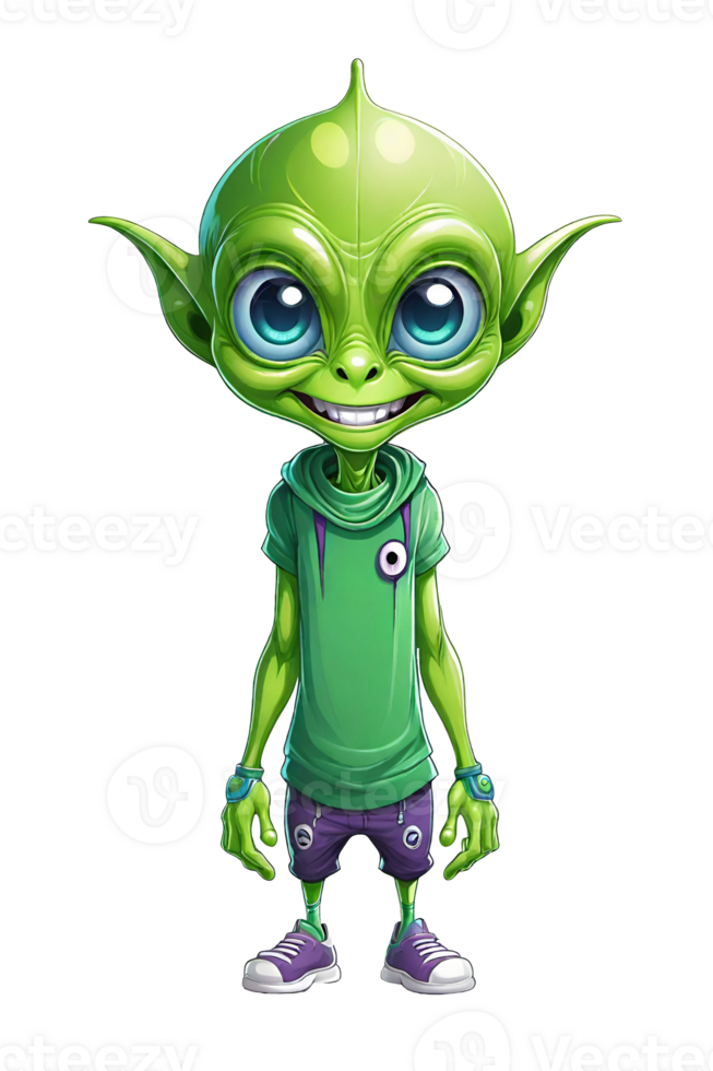 AI generated Cute cartoon green alien isolated on transparent background png