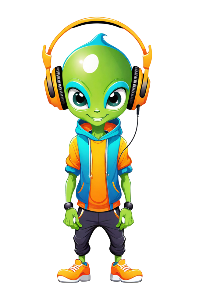 ai généré dessin animé vert extraterrestre avec écouteurs isolé sur transparent Contexte illustration png