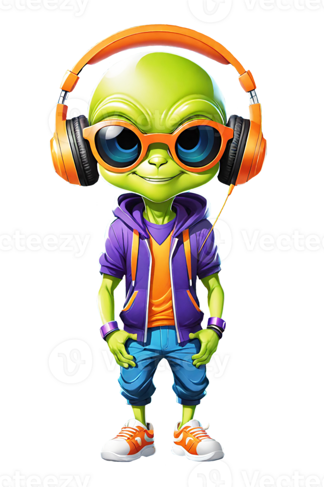 AI generated Cartoon green alien with headphones and sunglasses isolated on transparent background illustration png