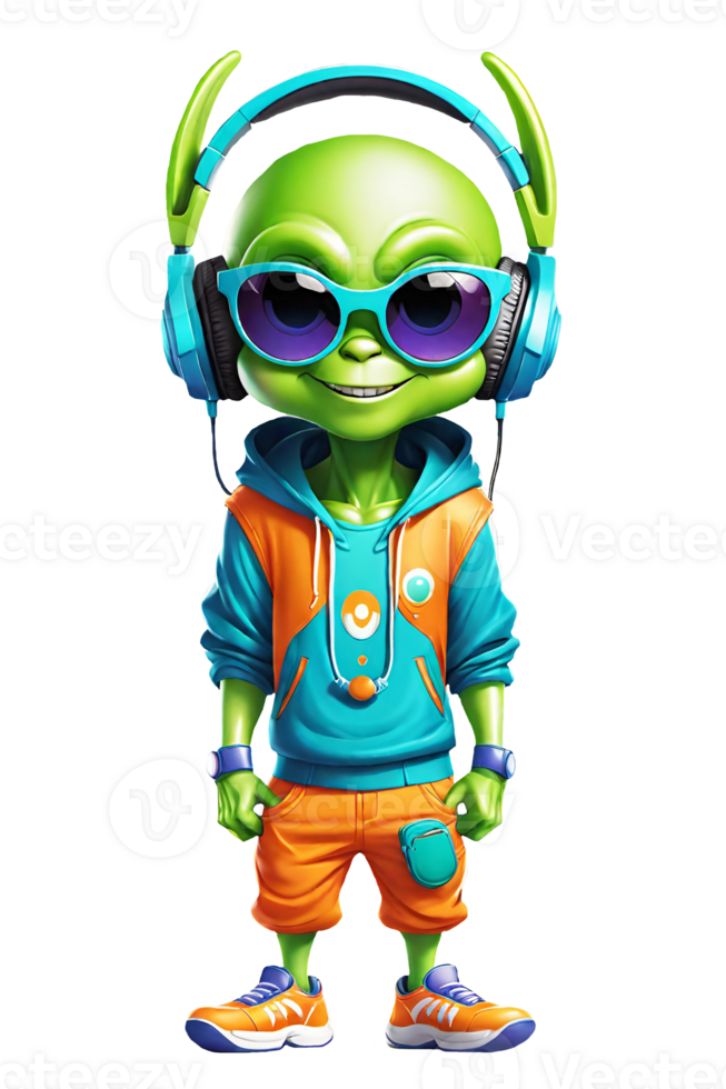 AI generated Cartoon green alien with headphones and sunglasses isolated on transparent background illustration png