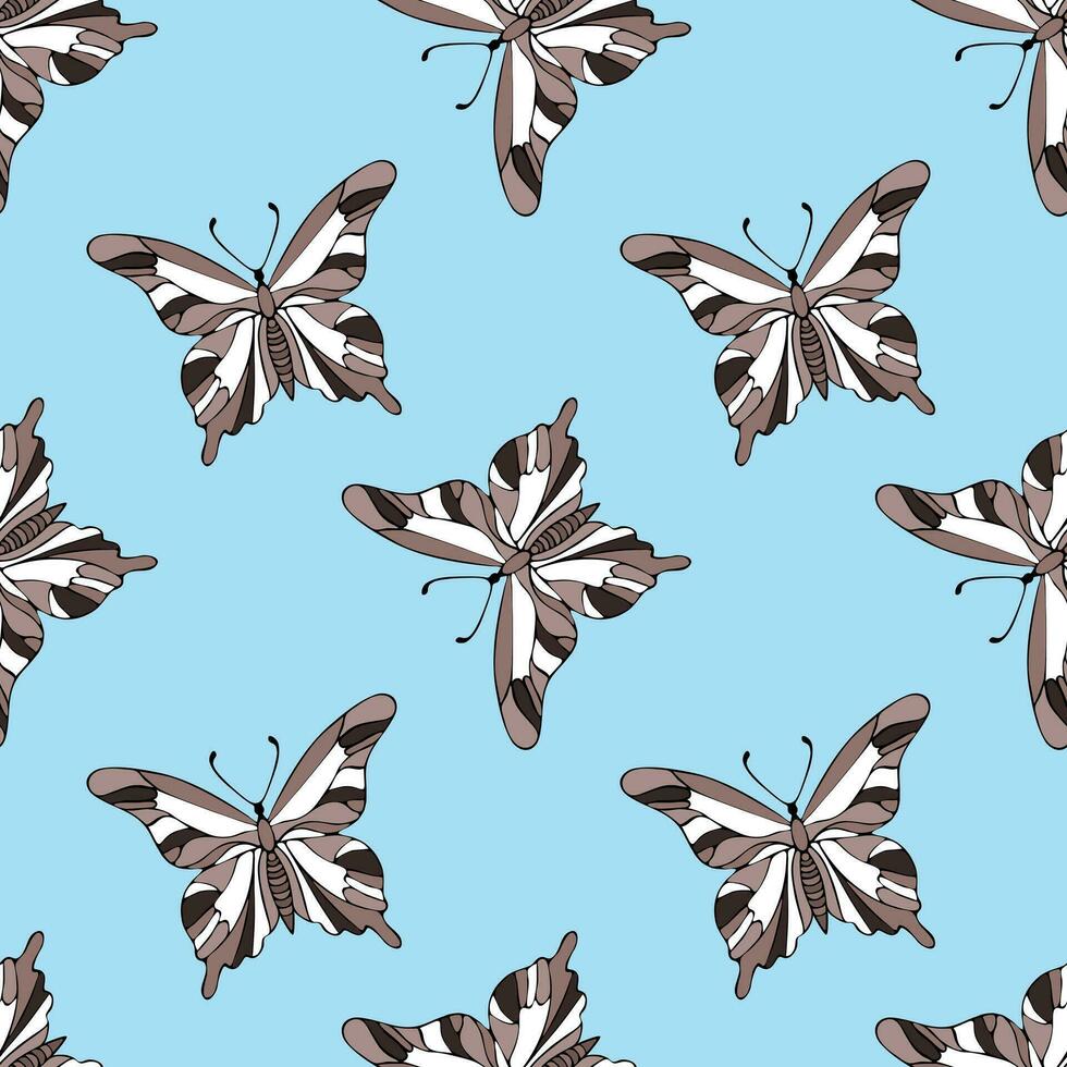 Summer pattern with butterflies on a blue background, hand drawn contour vector