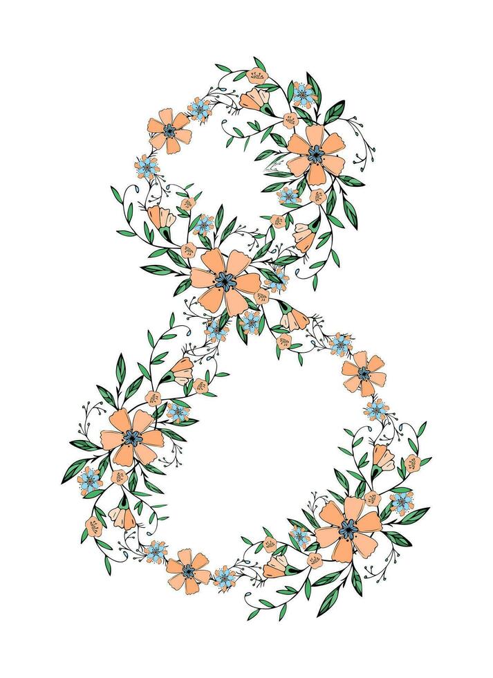 March 8 floral numeral doodle hand drawn isolated on white background vector