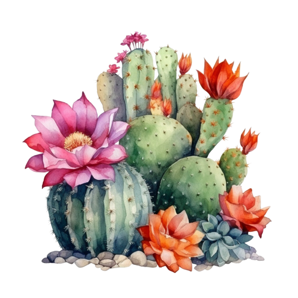 AI generated cactus flowers and cactus plants with flowers on transparent background png