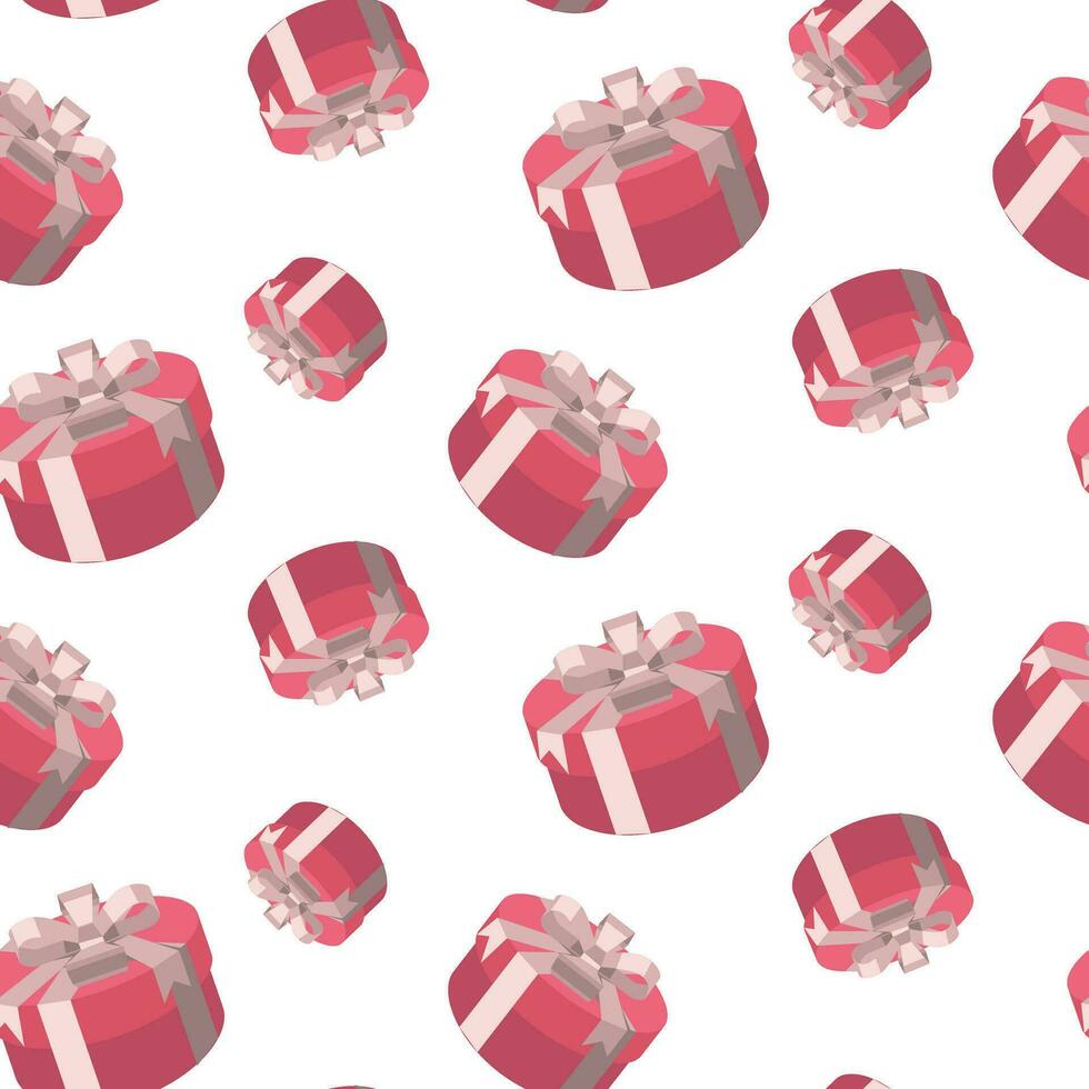 Seamless pattern of pink round gift box with bow. A gift for a party, celebration, special event such as birthday, Christmas, Valentine's day. Modern vector illustration in isometric style. on white