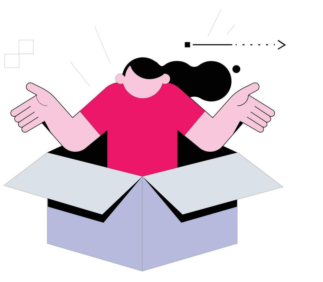 Woman gets out of the box. Vector illustration on white background.