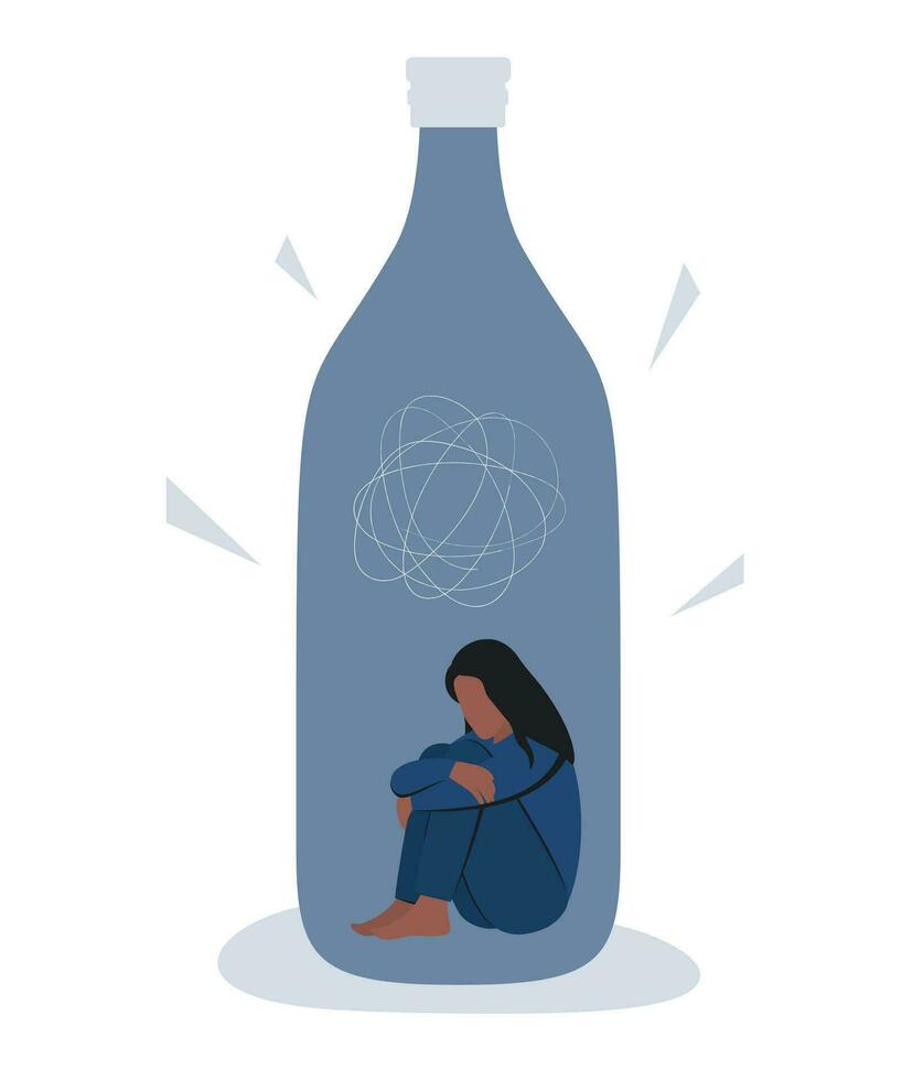 hembra alcoholismo. concepto con negro mujer personaje sentado en un botella. social asunto, adiccion. mental salud. plano vector ilustración.