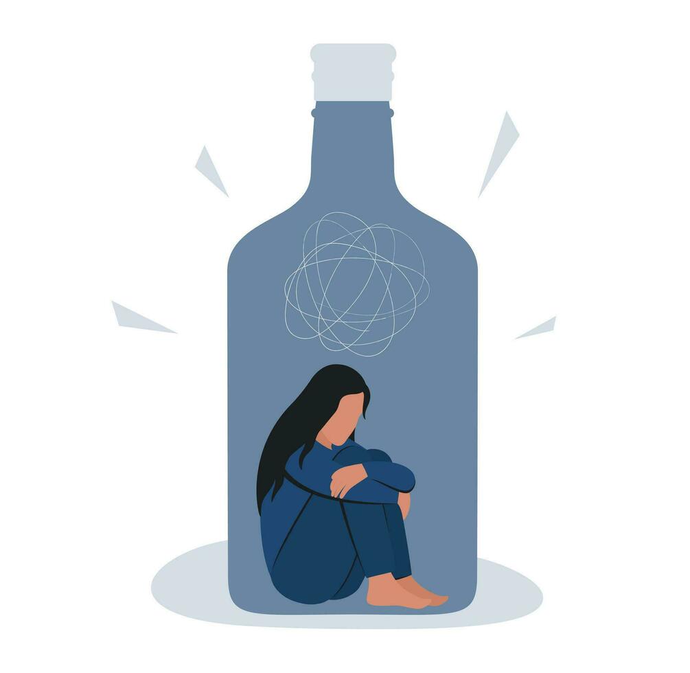 Female alcohol dependence. Woman in a bottle. Mental health issue, addiction. Flat vector illustration.