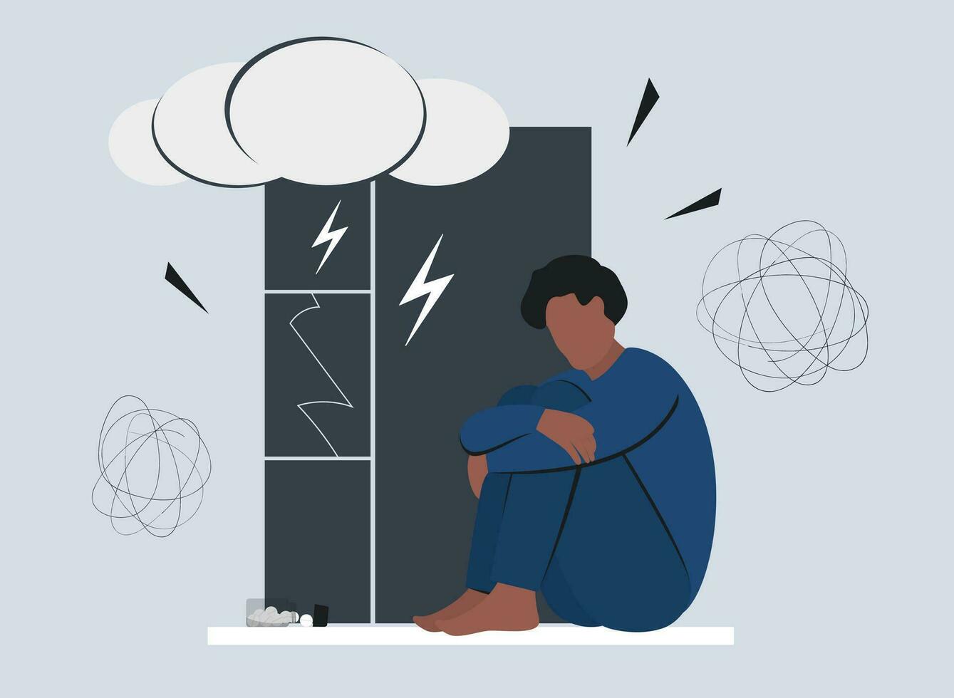 Black teen boy or man near the window. Depression, anxiety, illness. mental health concept. vector illustration.